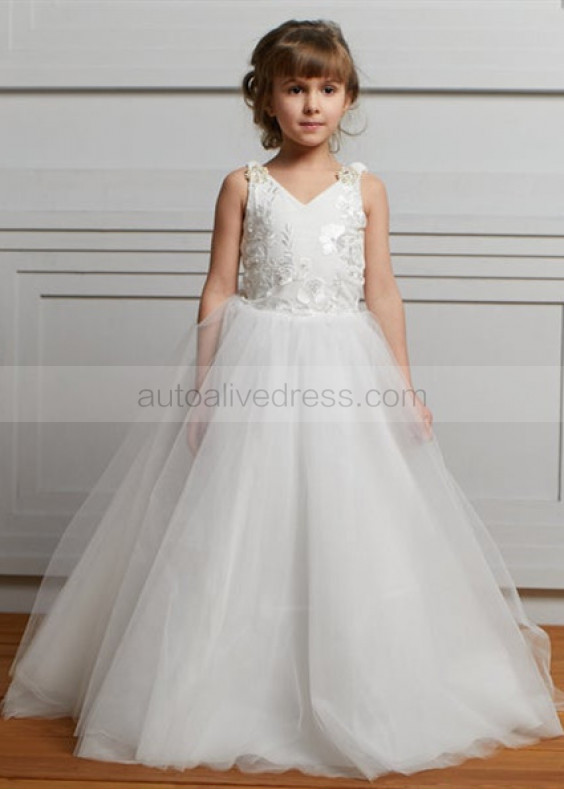 V Neck Beaded Ivory Embroidered Lace Tulle Flower Girl Dress V Neck Beaded Ivory Embroidered Lace Tulle Flower Girl Dress